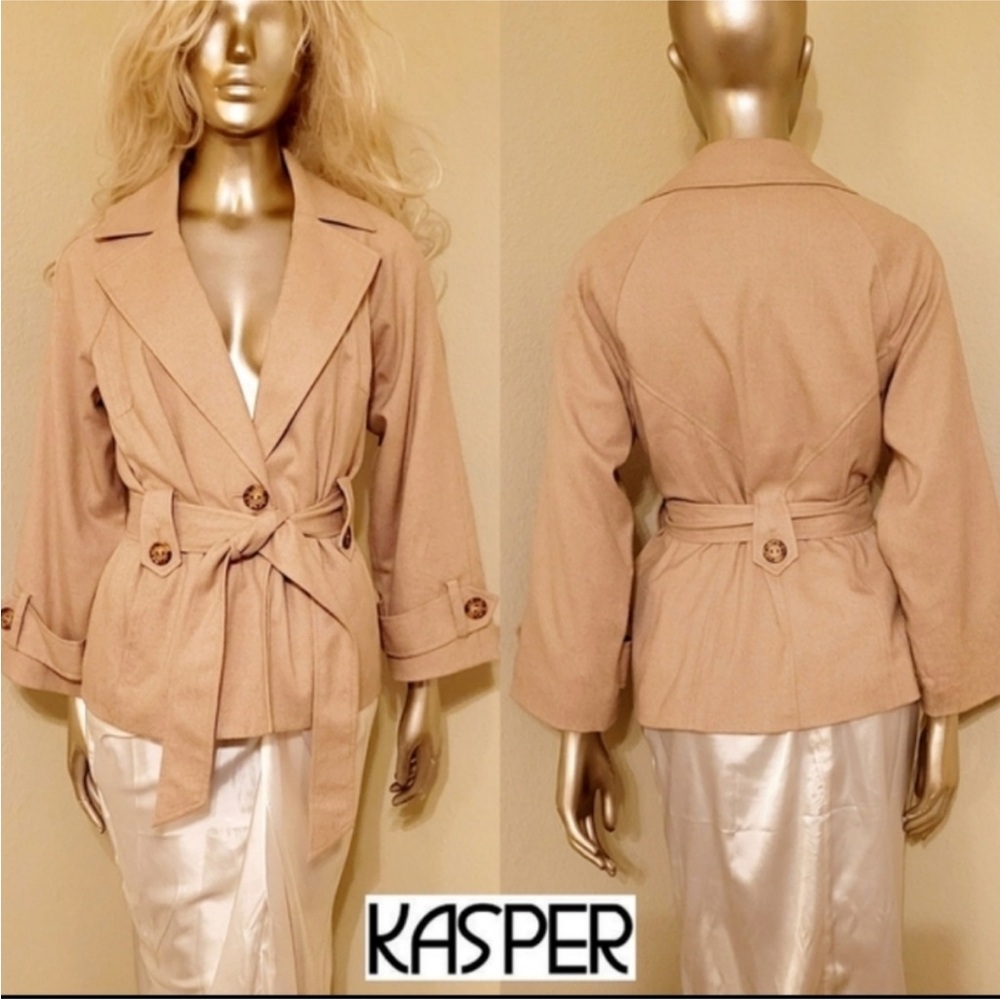 Vintage Kasper Chic Belted Tan Safari Inspired Blazer Jacket Size 6